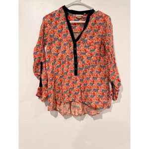 Vanessa Virginia Anthropologie Tiger Floral Print Henley Blouse Orange Blue S
